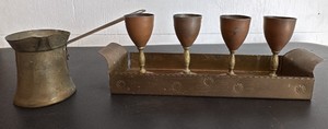 Vintage Brass Turkish Coffee Ladle and Copper Cordials on a Brass Tray