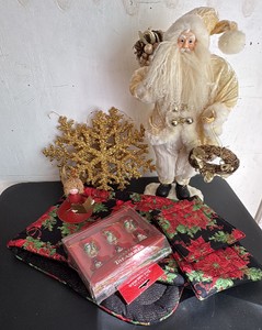 Christmas Lot with Santa, Table Runner and Hot Pads, Snowflakes, Angel and Ornaments