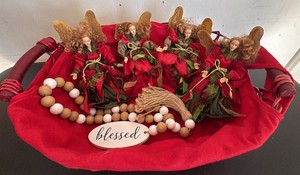 Christmas Red Lined Basket with four Fairies and Wood Bead Decor