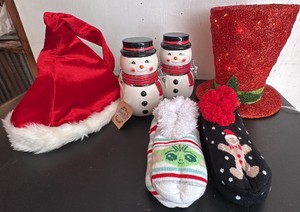 Light Up Christmas Hat, Santa Hat, Snowmen Candy Jars, and New Slipper Socks