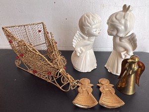 Ceramic Kissing Angels, Gold Metal Sleigh, Brass Angel Candle Holder, and Two Gold Colored Angel Ornaments