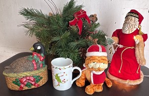 Christmas Lot Including Wood Basket Decor, Light Up Santa, Duck Candy Dish, Mug, and TY His Majesty Kitty