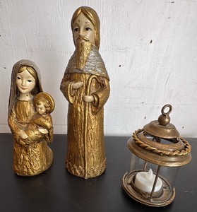 Mary and Joseph and Baby Jesus, Gold Candle Lantern