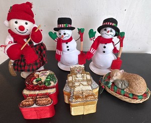 Christmas Lot of Snow People, Sequined Boxes and Kitty Napping