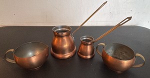 Copper Creamer & Sugar Set and Two Side Spout Copper Ladles