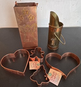 Copper Luminary, Copper Fireplace Match Holder, and Four Cookie Cutters