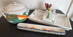 Hostess Set Consisting of Soup Tureen, Compartmenal Serving Tray, and Veggie Serving Tray