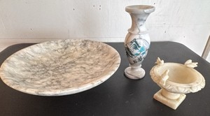 Marble Pedestal Bowl, Asian Painted Marble Vase and an Alabaster Mini Bird Bath