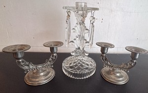 Pair of Pewter Candlesticks and a Glass Candlestick