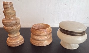 Two Natural Stone Candle Holders and an Alabaster Trinket Box