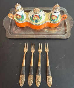 Vintage Lusterware Condiment Set on Silver Tray and Vintage Cocktail Forks