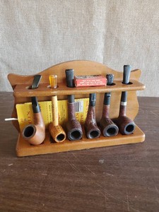 Nice Lot of 6 Smoking Pipes, Wood Stand, and Extras