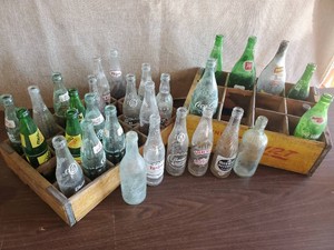 2 Soda Crates filled with Vintage Bottles - Hamms, A&W, & More