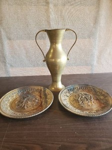 Large Brass Vase and 2 Copper Plates