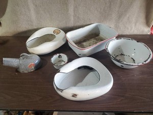 Various Enamal Urinals Bowls Pans Some with Labels