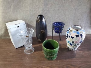 Green Hull Ceramic Pail, Unique Chip glass Vase,  Beautiful wood carved vase Blue candle holder on piller and Block Leaded Crystal in Box