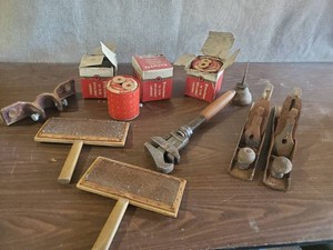 3 Firestone Oil Filter Cartriges 2 vintage Wire Brushes Wooden Handle pipe wrench and more