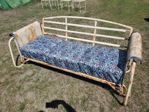 Mid Century Glider Sofa with Repurposed Cusions So Nice