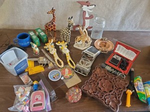 Misc lot with decorative Girraffes, Marbles, Pez, Portable Tape Recorder and More