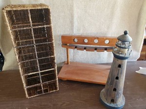 Wooden Wine rack, wooden Light house and Wicker Basket Bottle Holder