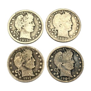 (4) Barber Silver Quarters  1900 (2), 1911 & 1915