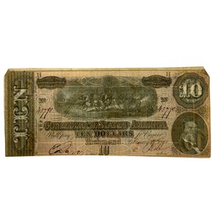 1864 Confederate States $10 Civil War Note  Horse-Drawn Artillery Retail $125
