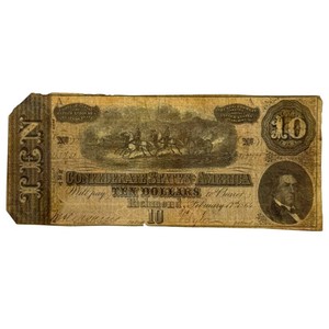 1864 Confederate States $10 Civil War Note  Horse-Drawn Artillery Retail $100