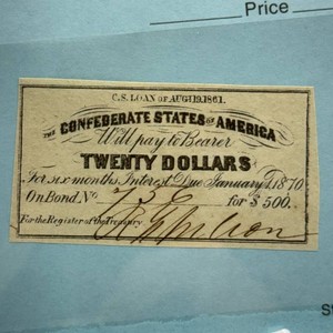 1861 Confederate States $20 Civil War Loan Interest Coupon  $500 Bond - Higher Grade