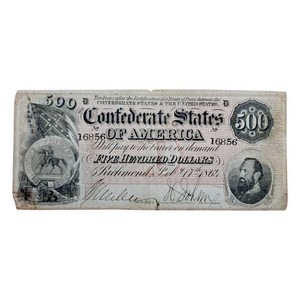 1864 Confederate States of America $500 Note – Civil War Currency – Stonewall Jackson
