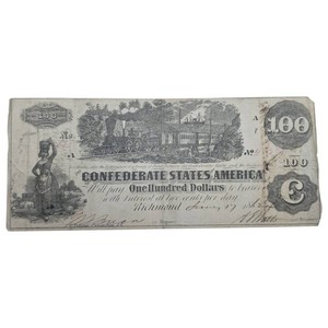1862 Confederate States $100 “Train Note” – Civil War Currency – Savannah Interest-Paid Stamps