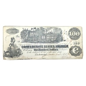 1862 Confederate States $100 Train Note  Civil War Era  Savannah Interest Stamps