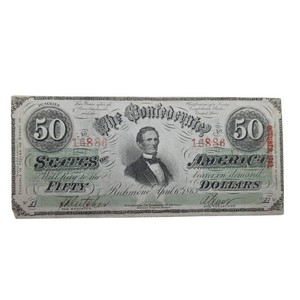 1863 Confederate States $50 Jefferson Davis Note – Civil War Currency; Retail $250