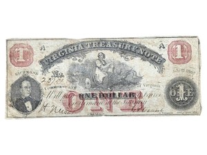 1862 Virginia Treasury $1 Note  Civil War Era  Richmond Issue Retail $125