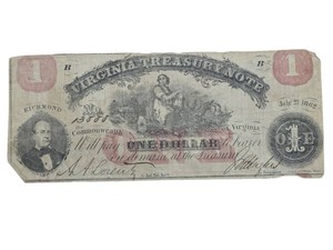 1862 Virginia Treasury $1 Civil War Note  Lucky 888 Ending Serial Number