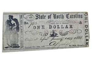 1861 State of North Carolina $1 Civil War Treasury Note  Original Hand-Cut Issue Retail $175