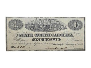 1863 State of North Carolina $1 Civil War Treasury Note  Exceptional Condition Retail $200
