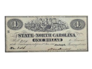 1863 State of North Carolina $1 Civil War Treasury Note Retail $200
