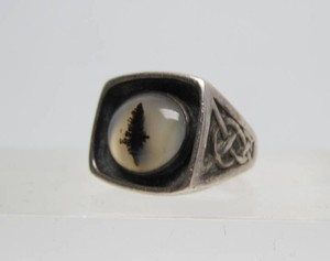 Excellent Large Vintage Mens Sterling Silver &amp Dendritic Agate Eyeball Ring wKnot Design