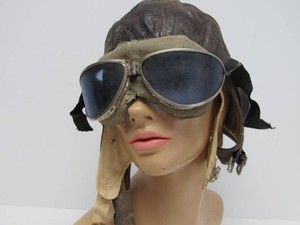 Original WW2 era Lether Pilots Helmet wLiner &amp Goggles