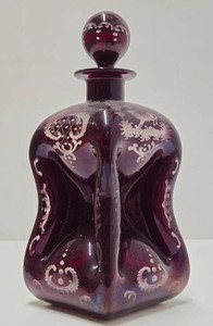 Beautiful Antique Deep Cranberry Pinched &amp Etched Decanter wStopper