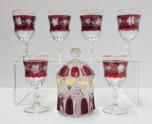 Vintage Cranberry etc Glass Goblet Set &amp Excellent Lidded Jar