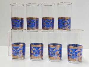 Great Looking Mid Century Set of 8 Cobalt Blue &amp Gold Tumblers  Glasses