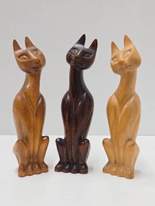 Great Set of 3 Vintage Mid Century Carved wood Cat Figurines&nbsp