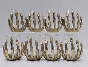 Very Cool Halloween Goblets wMetal Skeleton Hands Holding the Glass - Set of 8