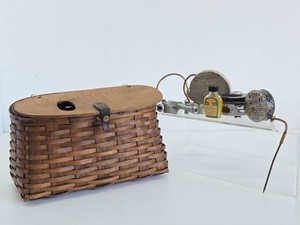Neat old SHELTON BASKET Fishing Creel wOther Old Fishing Items