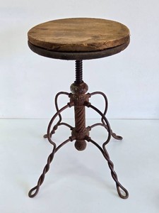 Antique 1890s Wrought Iron &amp Wood Swivel Stool