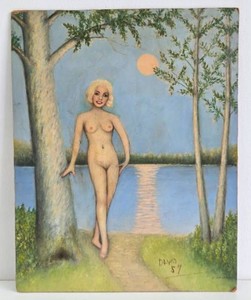 Vintage 1950s Original Folk Art Oil on Masonite - Nude at a Beach