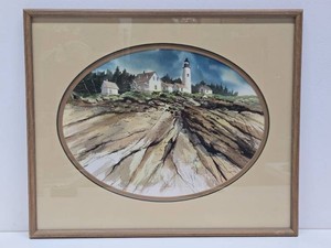 Nicely Paintd Vintage Original Watercolor Shoreline &amp Lighthouse Painting