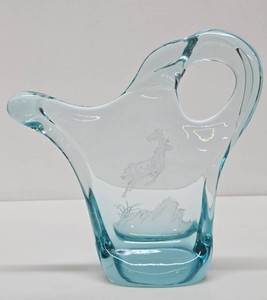 Beautiful Vintage Heavy Etched Blue Art Glass Sculpture wHorse Design