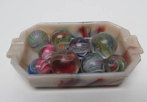 Lot of Original Antique German Handmade Marbles w1920s Akro Agate Tray #1